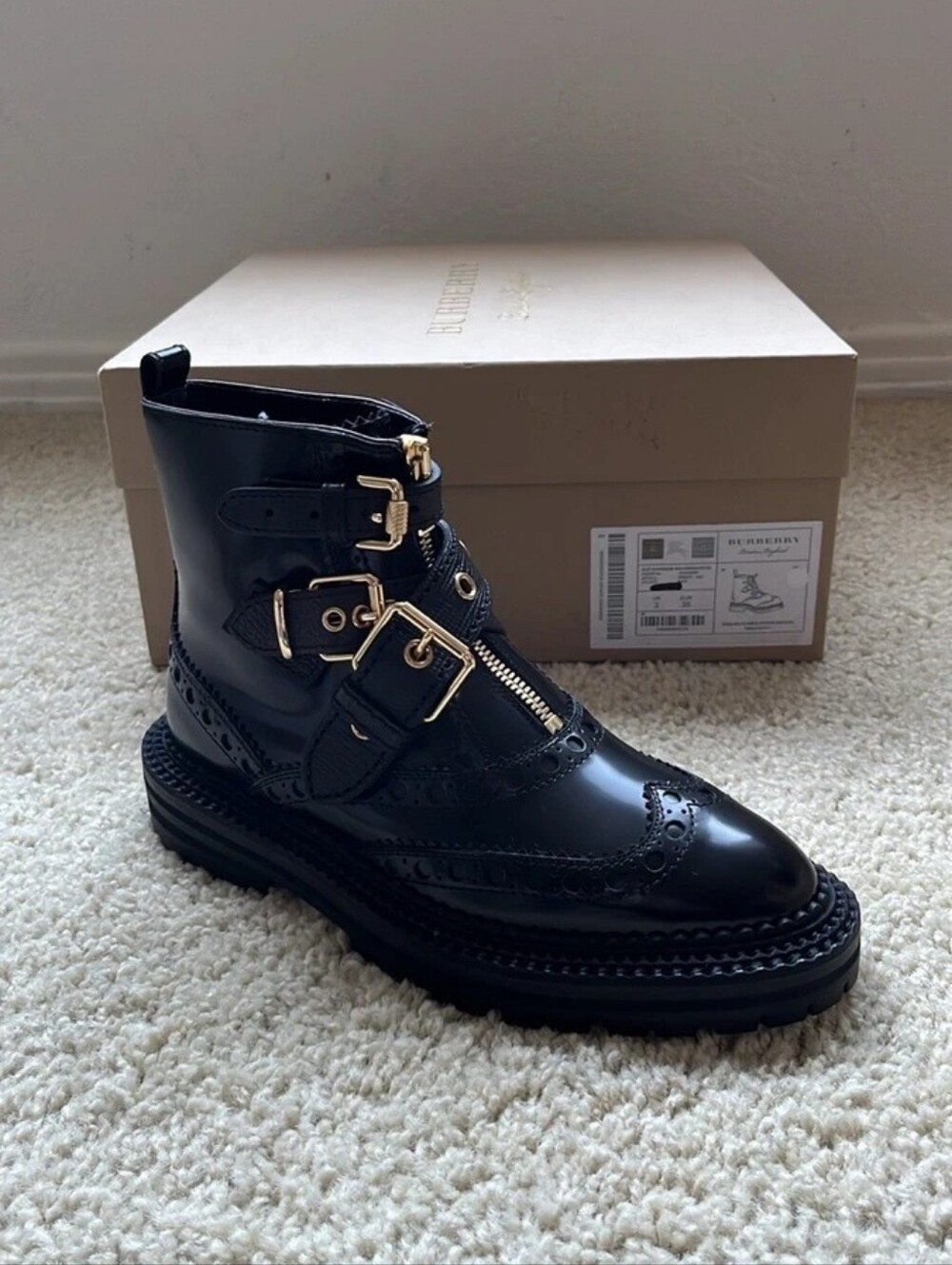 Burberry Black Leather Buckle & Zip Brogue Boot - 40